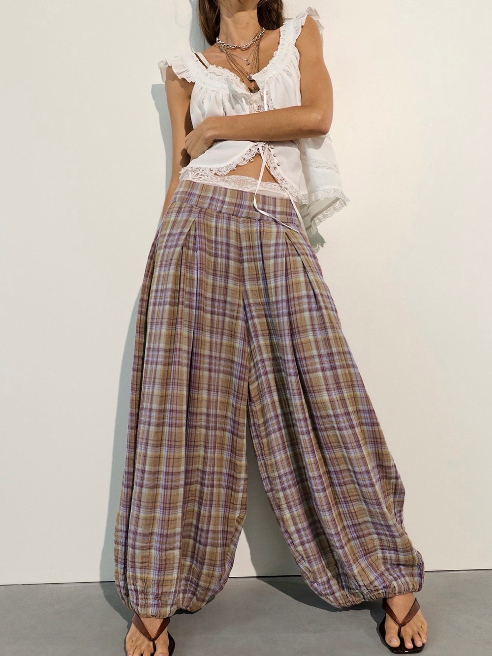 Free People Moonflower Plaid Pull-On Balloon Pants